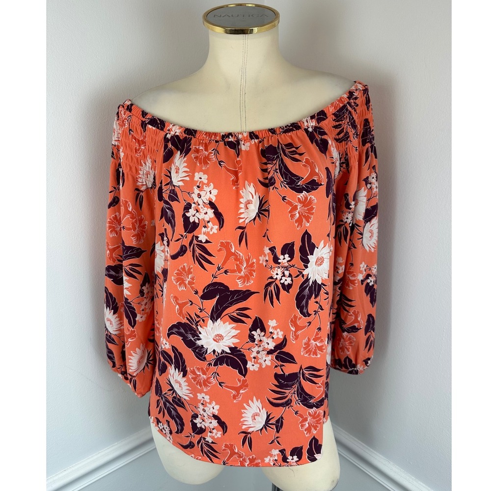 ANN TAYLOR FACTORY Orange Floral Off The Shoulder Top | Size Medium